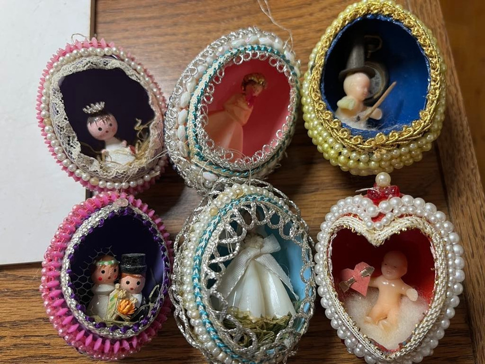 6 Vintage Decorated Egg With Figure Inside C1970's Various Events
